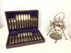 An Epns kettle on stand and burner plate with a boxed set of twelve fish knives and forks (kettle: