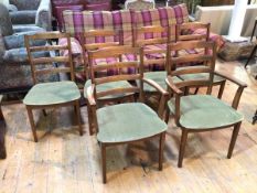 A set of six G Plan elm dining chairs with ladder backs and olive green upholstered seats, on
