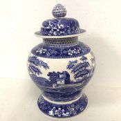 A mid 20thc Spode lidded jar of urn form in Blue Tower design, stamped Spode Design C.1814.B (h.