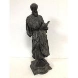 A metal scuplture of a Renaissance Gentleman reading, on plinth, base inscribed to front A.