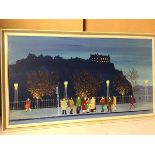 Julie Ramsay, Figures waiting for a Bus, Edinburgh Castle, oil on canvas, signed and dated 75 bottom