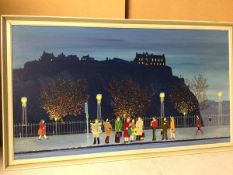 Julie Ramsay, Figures waiting for a Bus, Edinburgh Castle, oil on canvas, signed and dated 75 bottom