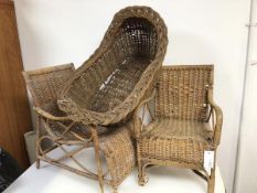 Two 1930s/40s children's wicker chairs including a garden lounger style chair and a baby's basket