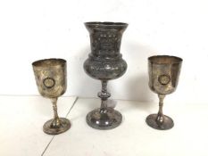 A pair of Epns presentation goblets, each with a plaque for the Glasgow School's Football