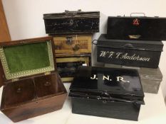 A group of money boxes including one inscribed Alexander Robertson Union Bank another Boots Pure