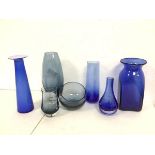 A collection of blue and grey glass including a tapering vase with etched floral decoration (19cm