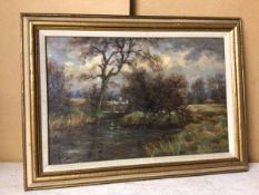 English School, early 20thc. Pond in Early Winter, oil, signed bottom left (29cm x 44cm)