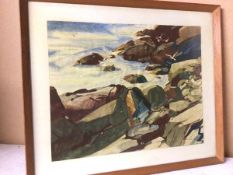 A.E. Leslie, Rocky Coast with Birds, watercolour (33cm x 41cm)