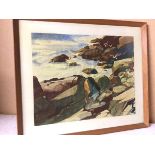 A.E. Leslie, Rocky Coast with Birds, watercolour (33cm x 41cm)