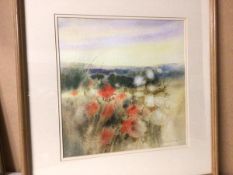 Moira Ferrier, Poppies in Field, watercolour, signed bottom right (31cm x 31cm)