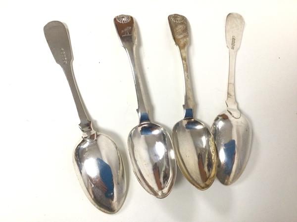 A set of four George III Scottish silver table spoons, Edinburgh 1805, Fiddle and Shell pattern (