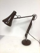 An anglepoise lamp, c.1980s with conical shade in chocolate brown on adjustable arm stamped