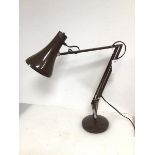 An anglepoise lamp, c.1980s with conical shade in chocolate brown on adjustable arm stamped