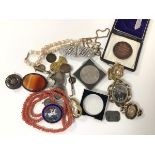 A collection of costume jewellery including a George III 1819 coin brooch with enamel to one side,