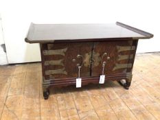 A Chinese simulated elm table cabinet with pagoda top and engraved brass lock plate and hinges (45cm