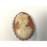 A mid 19thc shell cameo depicting a Female Figure, on 9ct gold mount (4cm)