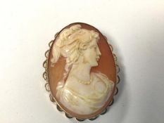 A mid 19thc shell cameo depicting a Female Figure, on 9ct gold mount (4cm)