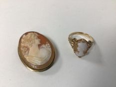 A 9ct gold ring with shell cameo (P) (2.81g) and a shell cameo brooch with yellow metal mount (2)