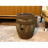 A vintage small barrel or keg, with iron straps (a/f), inscribed Wm. McEwan, Edinburgh 1900 (43cm