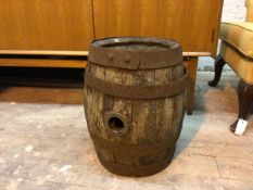 A vintage small barrel or keg, with iron straps (a/f), inscribed Wm. McEwan, Edinburgh 1900 (43cm