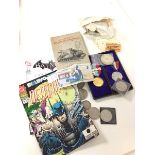 A mixed lot including a Jack Nicklaus £5 note, two Batman comics, a masonic medal and another George