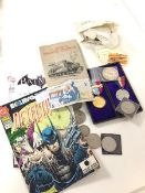 A mixed lot including a Jack Nicklaus £5 note, two Batman comics, a masonic medal and another George