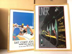 Two reproduction LNER travel posters including East Coast Joys to the Drier Side of Britain, printed