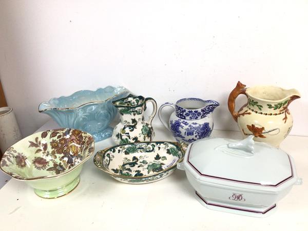 Assorted china including a Limoges serving dish with floral knop and monogram to one side (14cm x