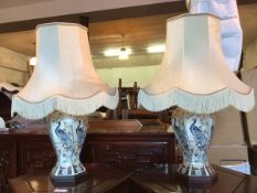 A pair of modern Japanese style table lamps of faceted baluster form, with a repeating peacock and