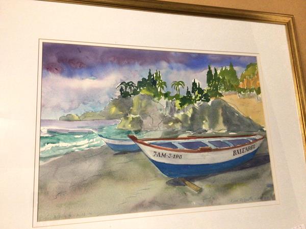 Kim Redpath, Burriana Beach, watercolour, signed and dated 2001 bottom right, paper label verso (