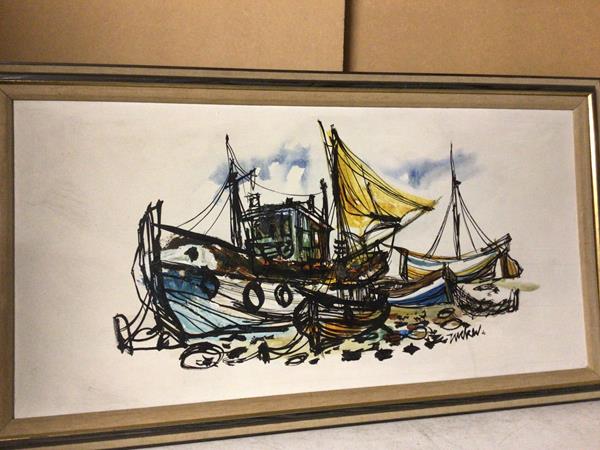 Modern School, Fishing Boats in Harbour, oil on board, signed bottom right (44cm x 90cm)