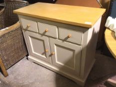 A Laura Ashley side cabinet with oak top above painted base with three frieze drawers above