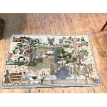 A pictoral rug or wallhanging depicting a shepherd with his flock, man on wagon and other animals,