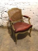 A Louis XV style fauteuil with cane back above a red leather seat and armrests, on cabriole supports