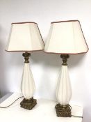 A pair of modern table lamps with ribbed conical shaped ceramic body and gilt metal lamp holder