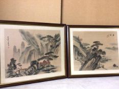 Two Chinese prints depicting traditional Chinese landscapes with figures, both with character