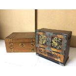 A Japanese parquetry table jewellery cabinet, the two hinged doors, both with lacquered panels