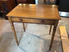 A 19thc mahogany writing table, fitted single frieze drawer on turned supports (75cm x 77cm x 53cm)