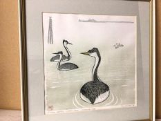 Frank Henry Johnston, Western Grebe, Roberts Bank, limited edition woodblock print, 1/30, signed