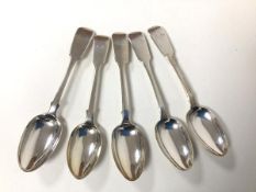 A set of four London 1848 dessert spoons and one 1880, all with initials to handle (combined: 207.