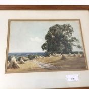 A.C. Bown, Field with Haystacks over Valley, watercolour, signed bottom right (23cm x 33cm)