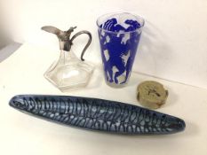 A mixed lot including a glass metal mounted claret jug, stone coasters with birds, hors d'oeuvre