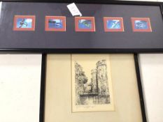 Edward Cherry, Castle Behind Moat, etching, signed bottom left (16cm x 11cm) and a framed group of