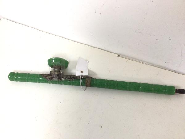 A Chinese white metal mounted green jadeite opium pipe, 20thc. (48cm)