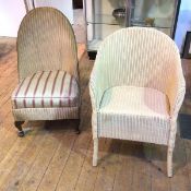 A Loyd Loom style white painted wicker armchair (74cm x 54cm x 53cm) and a white painted wicker