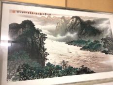 Chinese School, Boats on a River, print, red seal mark and characters to top left (54cm x 98cm)