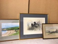 A group of three watercolours: William S. Clowe, Farm in Valley (13cm x 25cm), Ducks and Beach