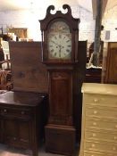 A 19thc mahogany grandfather clock with swan neck pediment above a painted dial depicting the Four