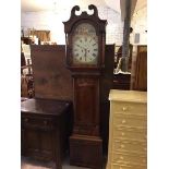 A 19thc mahogany grandfather clock with swan neck pediment above a painted dial depicting the Four