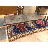 A modern painted low table or bench, with wooden slat top, on metal frame (45cm x 105cm x 47cm)